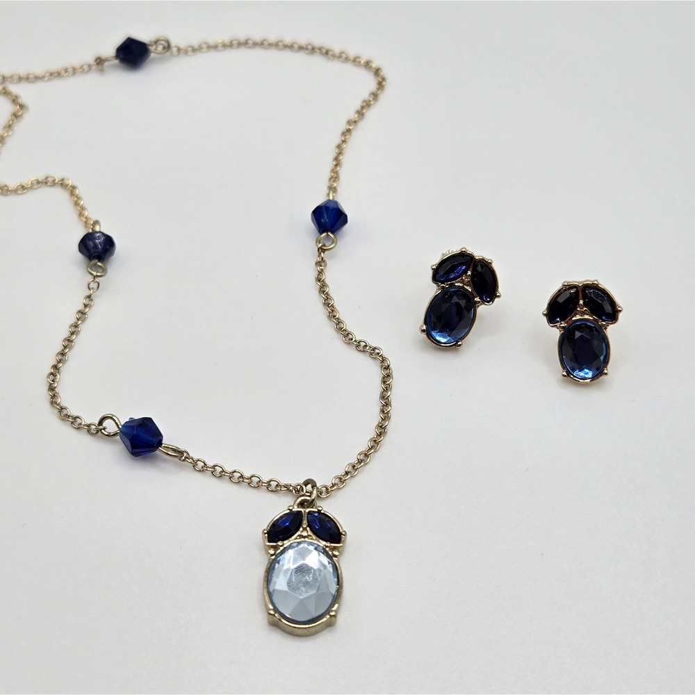 Necklace Earring Set Blue Oval Rhinestones Goldtone Sparkly Classic Dainty NEW